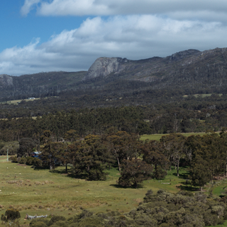 Scenic view of a mountain range with trees and open fields under a blue sky.
