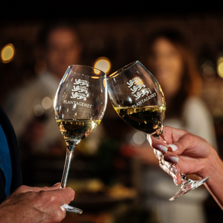 Two wine glasses being clinked together with a blurred background of people.