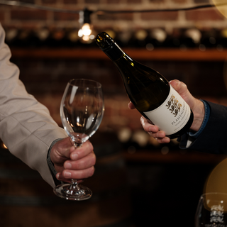 Person holding a wine bottle and glass in a dimly lit setting with blurred wine bottles in the background.