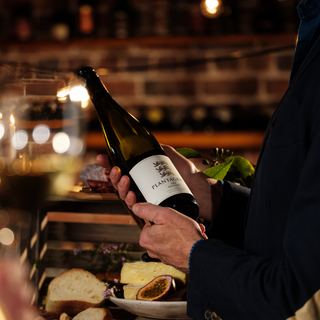 Person holding a bottle of wine with a blurred background of a bar setting