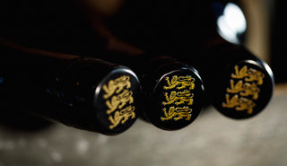 Three black bottles with gold text on a blurred background